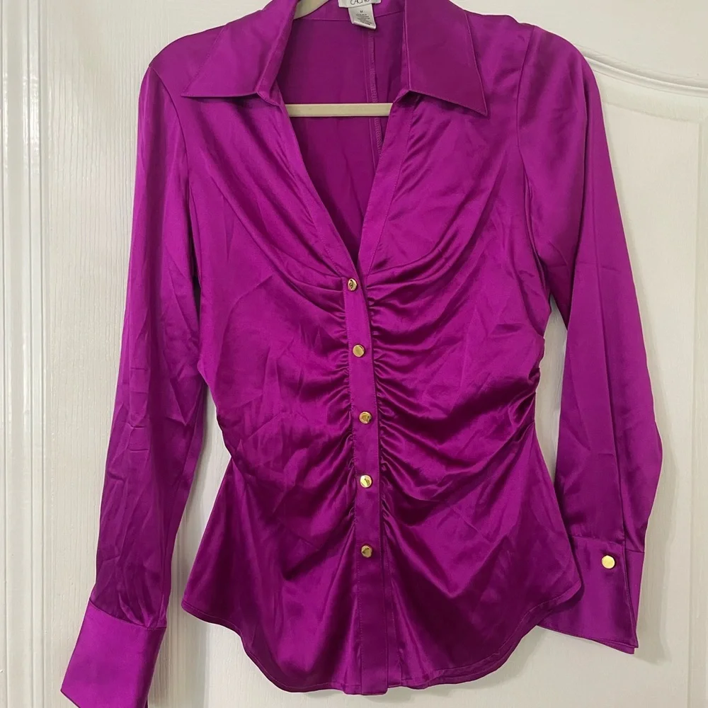 Cache Satin Ruched Button-Front Blouse - Magenta - Picture 1 of 4